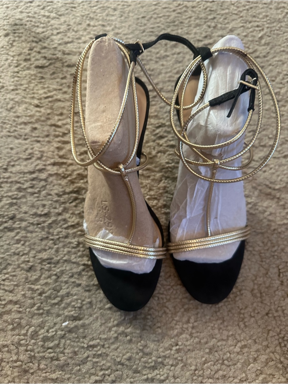 INC International Concepts Black Heeled Sandals with Gold Wrap Straps